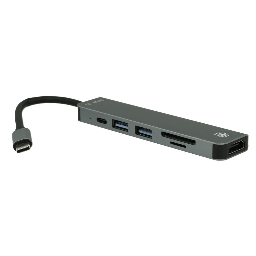 JP Hub 6v1, USB-C na HDMI / TF/Micro SD / 2x USB 3.0 / USB-C PD, sivý