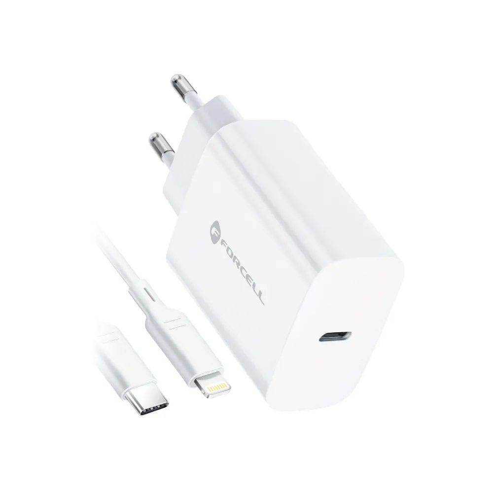 Forcell Napájacia Nabíjačka S Konektorom USB-C A Káblom Lightning, 3A, 20W S Funkciou Nabíjania PD A QC 4.0, 1,2 M