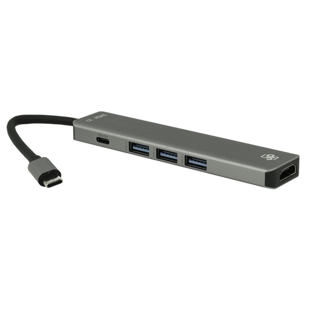 JP Hub 5v1, USB-C na HDMI / 3x USB 3.0 / USB-C PD, sivý