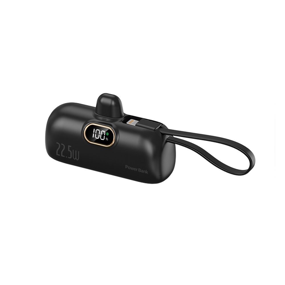 Powerbanka PlugOn USB.C s Lightning kabelem, s LED displejem, 5000 mAh, PD 22,5W, QC3.0, černá
