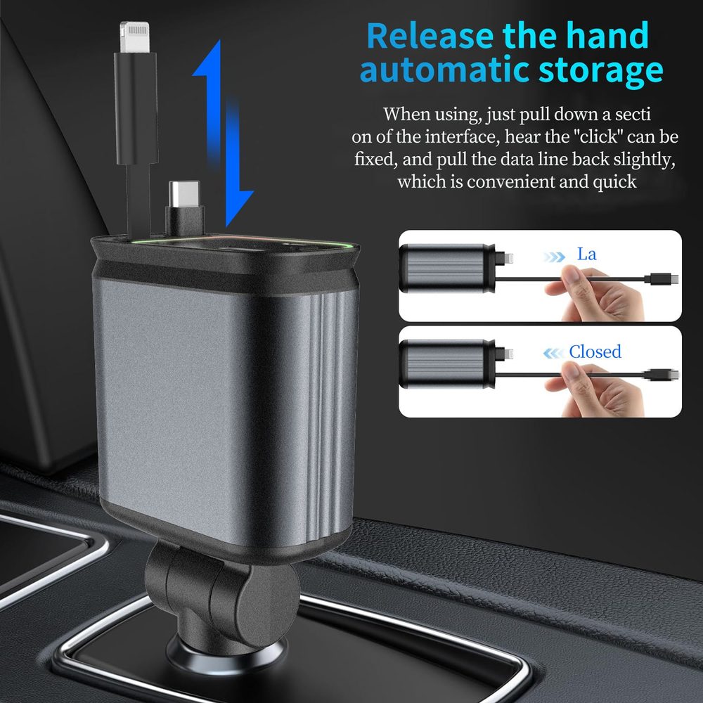 Nabíjačka do auta 4v1 s 2 výsuvnými káblami USB-C + Lightning, PD, QC 3.0, sivá