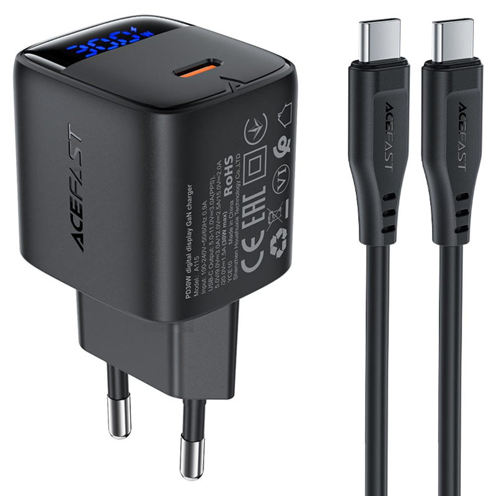 Acefast A115 töltő digitális kijelzővel, GaN, PD 30W, USB-C + USB-C kábel, 1,2 m, fekete