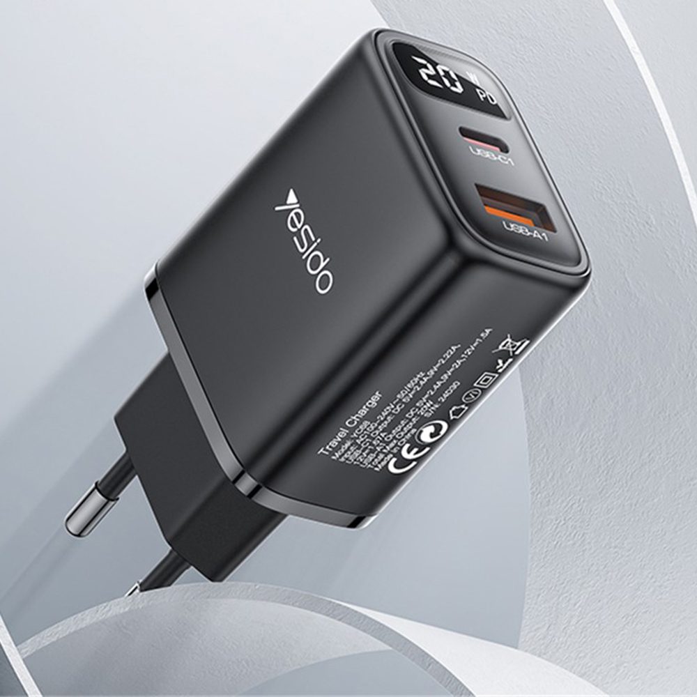 Yesido adaptér (YC68) s digitálnym displejom, USB + USB-C, čierny
