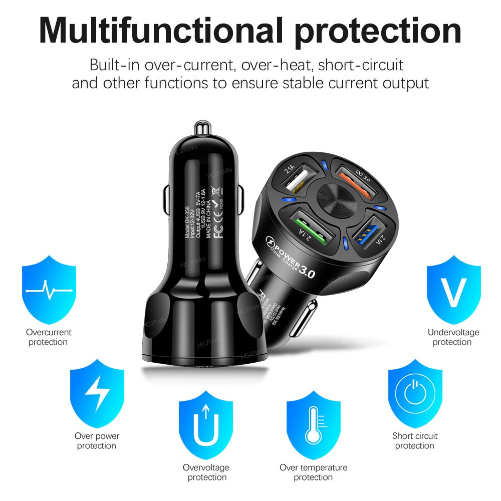 Nabíjačka do auta so 4 USB portami, QC3.0, čierna