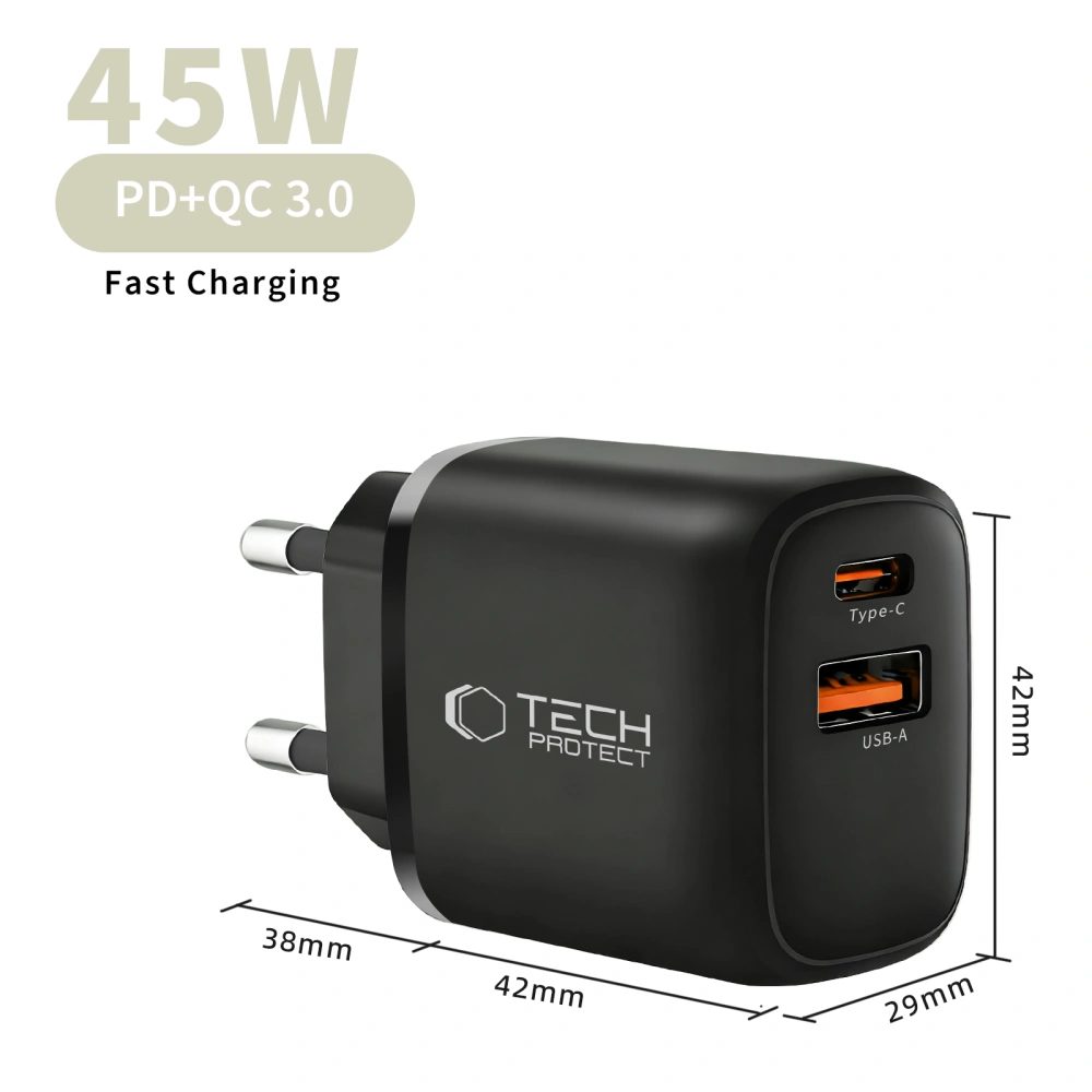 Tech-Protect NCA45W-GAN 2-portová sieťová nabíjačka PD45W / QC 3.0, čierna
