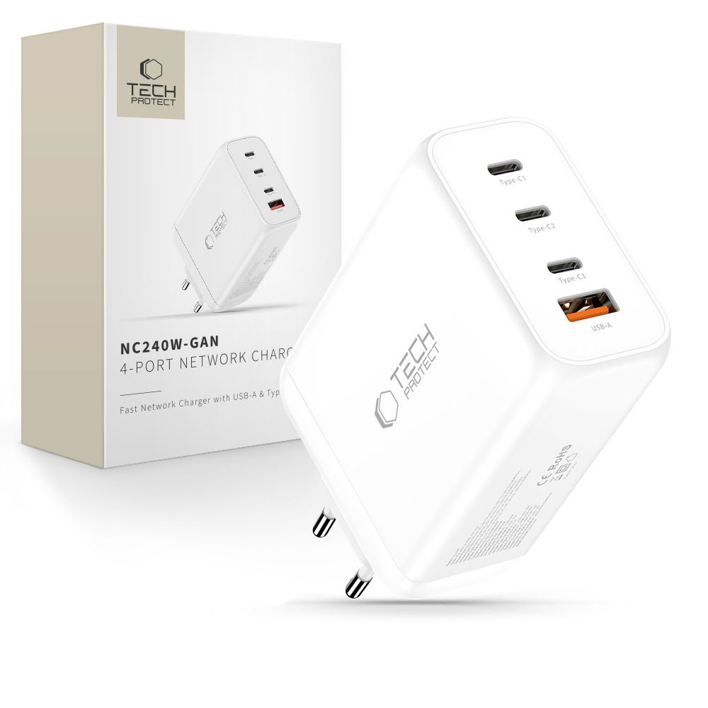 Levně Tech-Protect NC240W-GAN 4-portová nabíječka, PD 240W / QC3.0, bílá