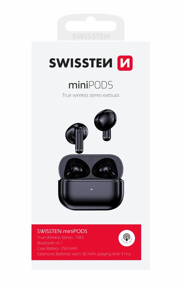 Swissten MiniPODS TWS Brezžične Slušalke Bluetooth, črne Barve