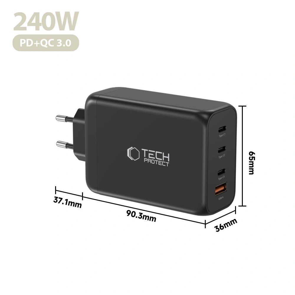 Tech-Protect 4portová nabíjačka, PD 240W / QC3.0, čierna