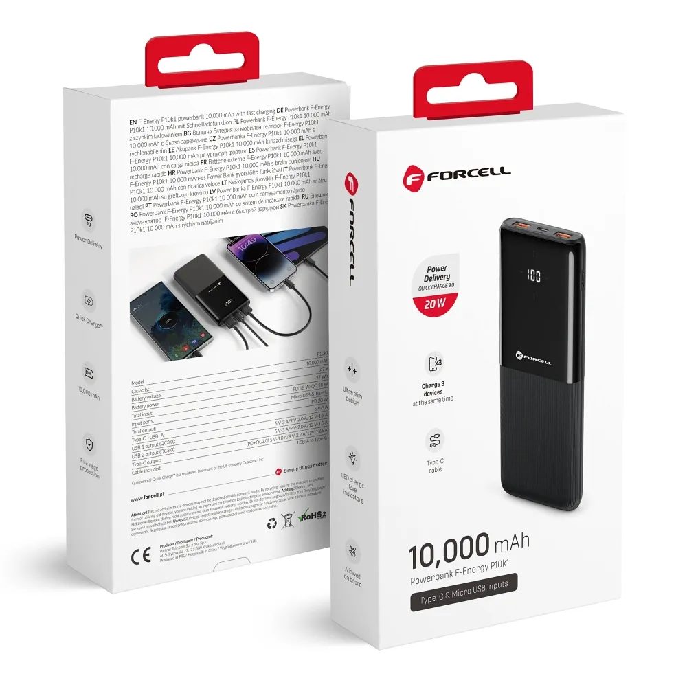 Levně Forcell F-Energy P10k1 Powerbanka PD 20W, QC 10000mAh, černá