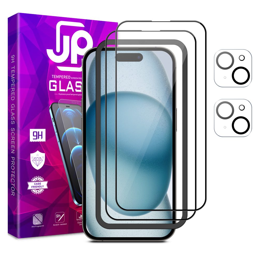 JP Full Pack Kaljeno Steklo, 2x 3D Steklo Z Aplikatorjem + 2x Steklo Na Objektivu, IPhone 15 Plus