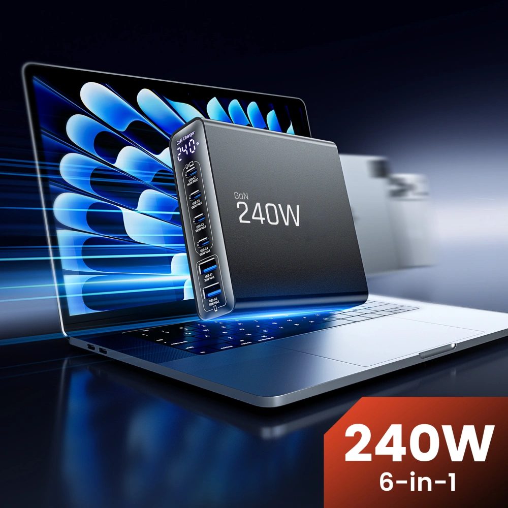 Tech-Protect DC240W-GAN 6-portová nabíjačka PD 240 W / QC3.0, čierna
