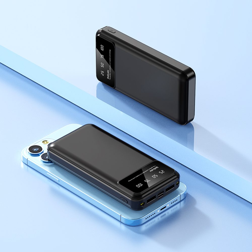 Powerbanka 20000mAh, 2x USB, s LED svetlom, čierna