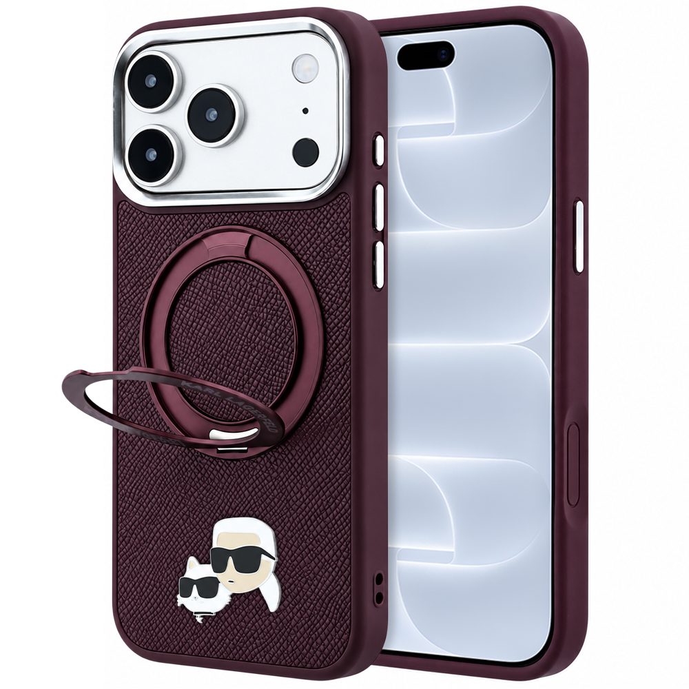 Karl Lagerfeld Leather Ring Stand 360 KC Pin MagSafe zaštitna maska, iPhone 17 Pro / 18 Pro, bordo