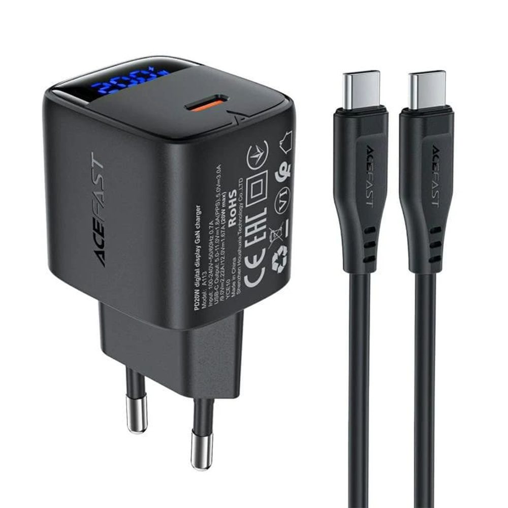 Acefast A113 töltő digitális kijelzővel, GaN, PD 20W, USB-C + USB-C kábel, 1 m, fekete