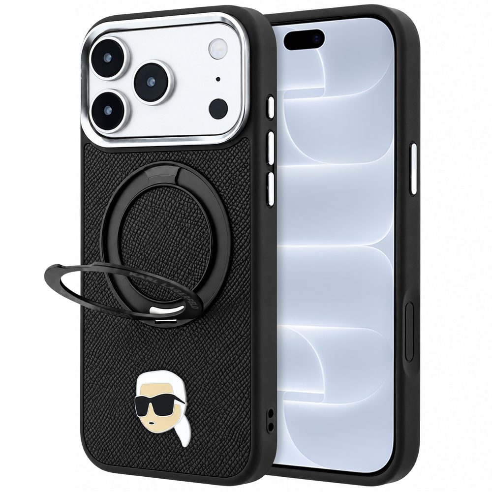 Karl Lagerfeld Leather Ring Stand 360 KC Pin MagSafe zaštitna maska, iPhone 17 Pro / 18 Pro, crna