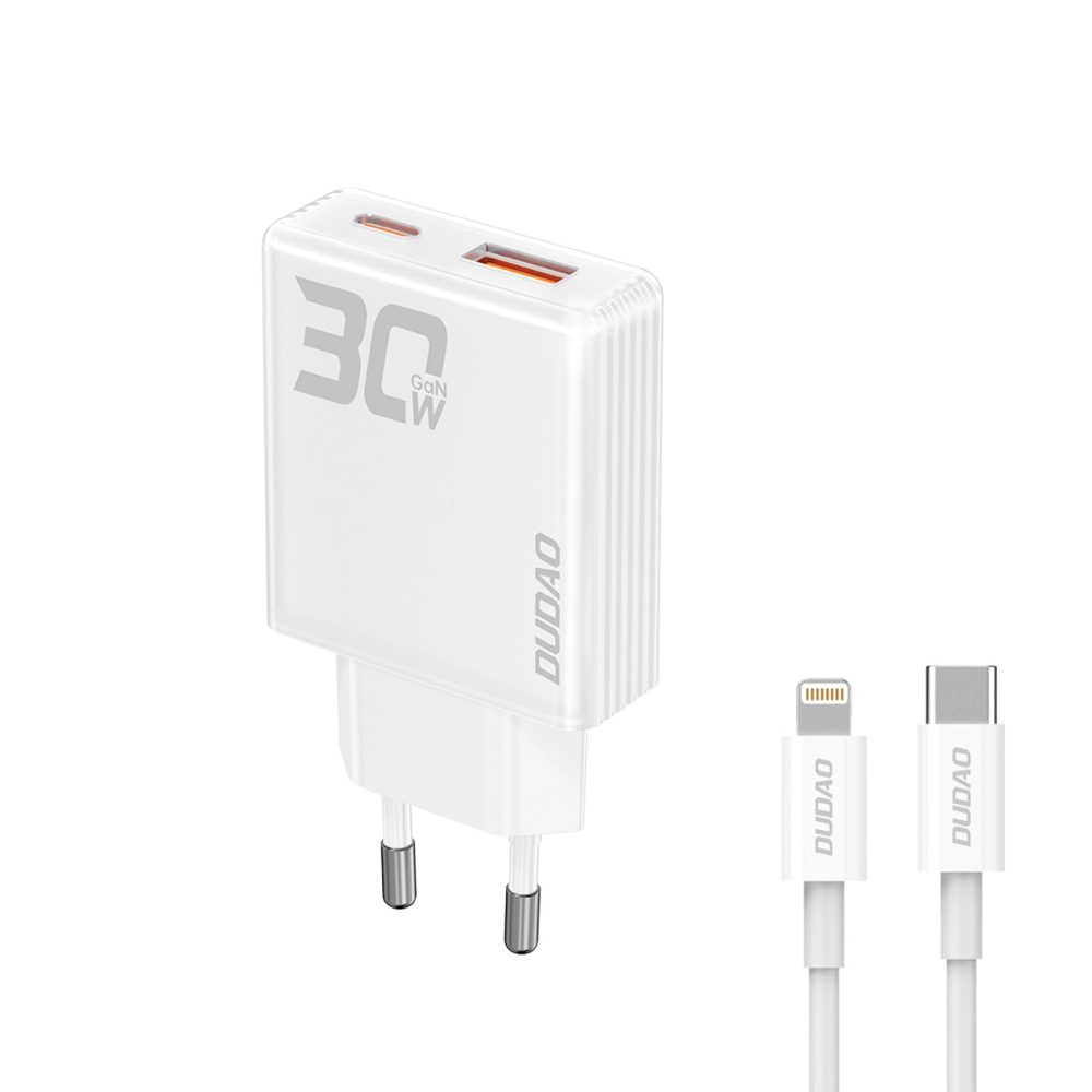 Dudao GaN töltő 30W USB / USB-C + USB-C - Lightning kábel, A30EU, fehér