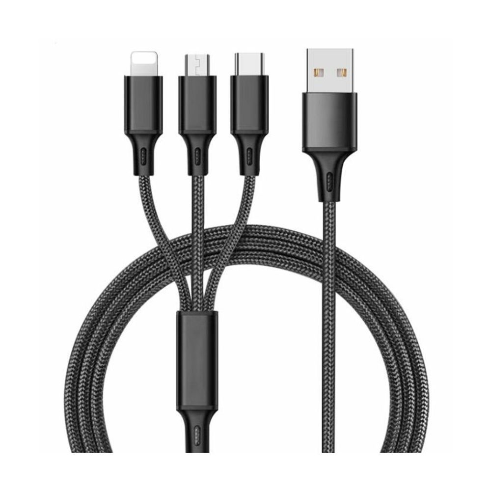 JP 3in1 USB Lightning / MicroUSB / USB-C nejlon kábel, 1 méter, fekete
