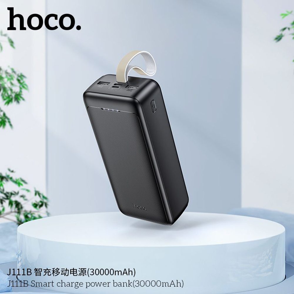 Hoco J111B PowerBank 30000mAh, 2x USB, USB-C, Micro-USB, PD30W, LED-del és Zsinórral, Fekete