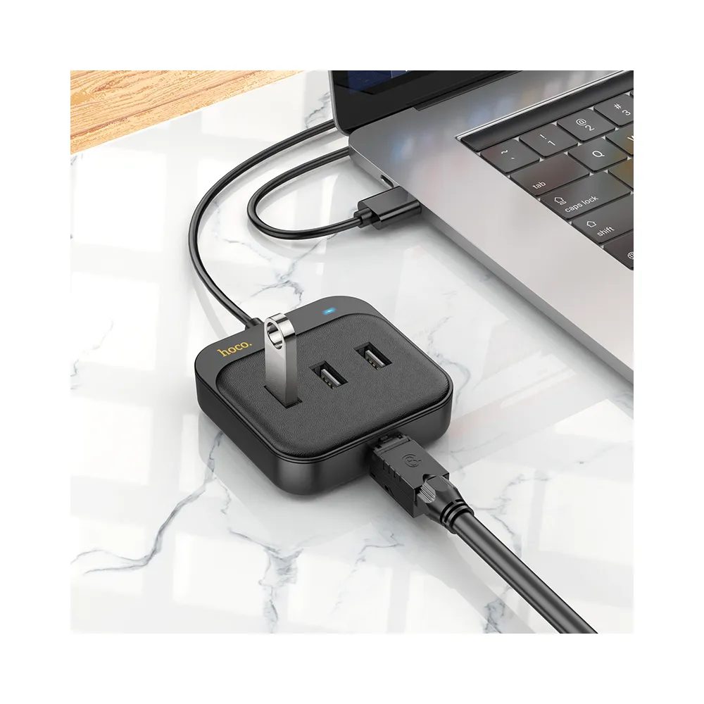 Hoco Adaptér HUB 4v1 USB Na 3x USB2.0 + RJ45, 100 Mbps Ethernet, 1,2 M, černý (HB35)