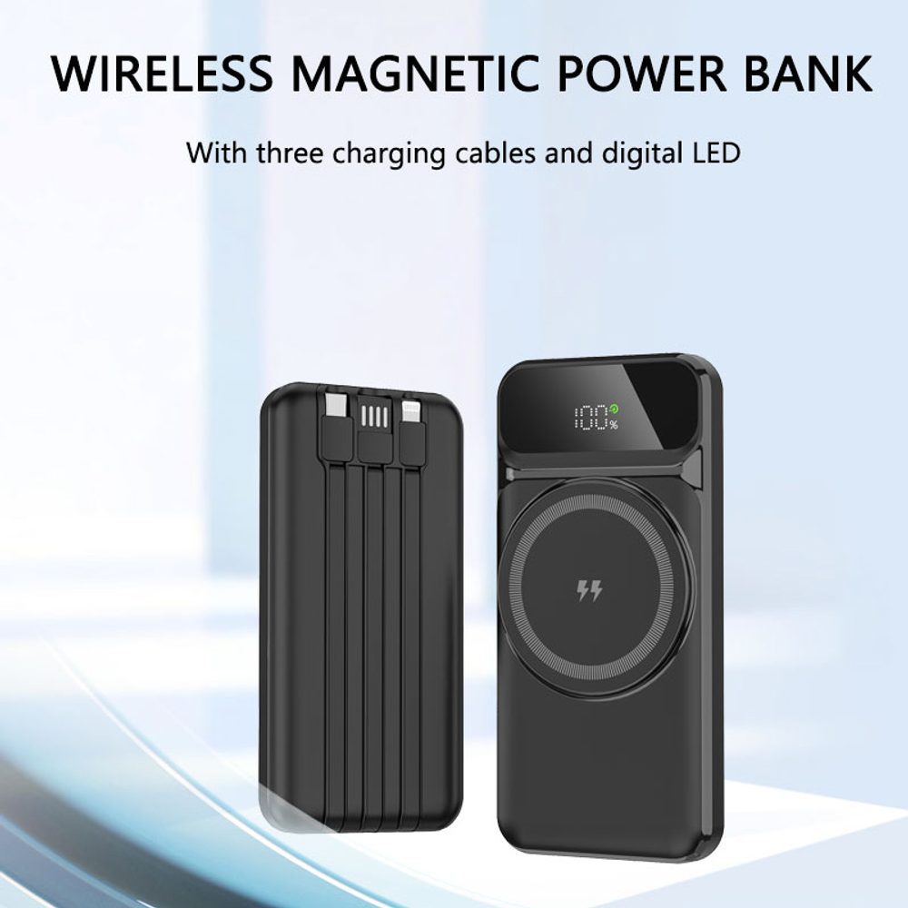MagSafe 15W bezdrôtová PowerBanka, 10 000 mAh s 3 integrovanými káblami, veľkosť M, čierna