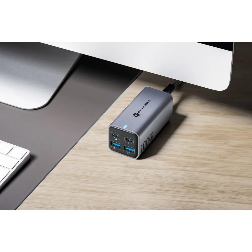 Forcell stolová nabíjačka 2x USB-C, 2x USB-A, 100 W, sivá