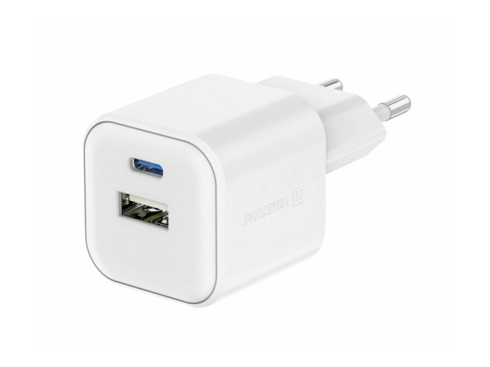 Levně Swissten Síťový adaptér 12W 1x USB-C a 1x USB-A, bílý