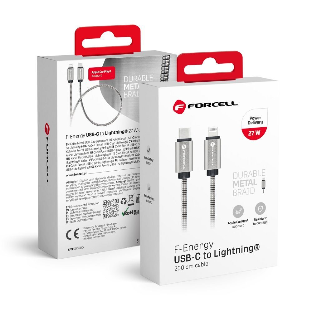 Forcell F-Energy kábel USB-C - Lightning, PD, 3A, 27W, 2 m, strieborný