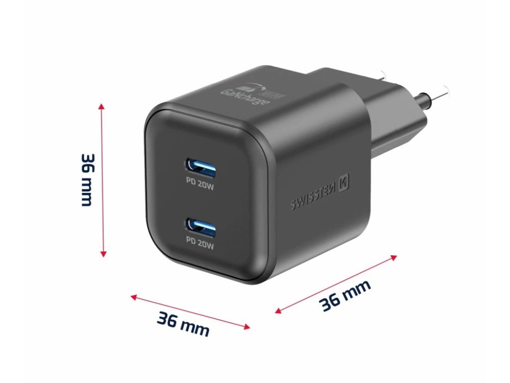 Swissten Sieťový adaptér GaN 2x USB-C Power Delivery 20 W, čierny