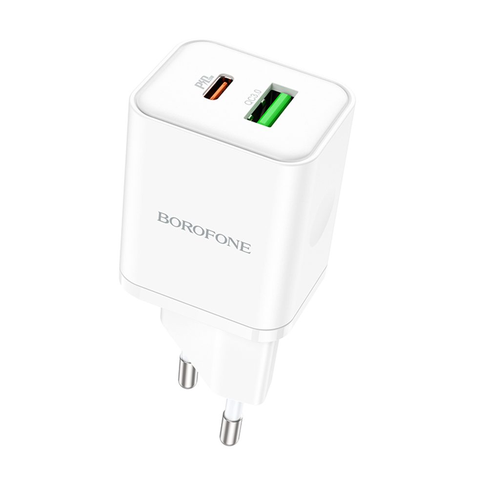 Borofone BN7 töltő, USB + USB-C, QC 3.0, PD 20W, fehér