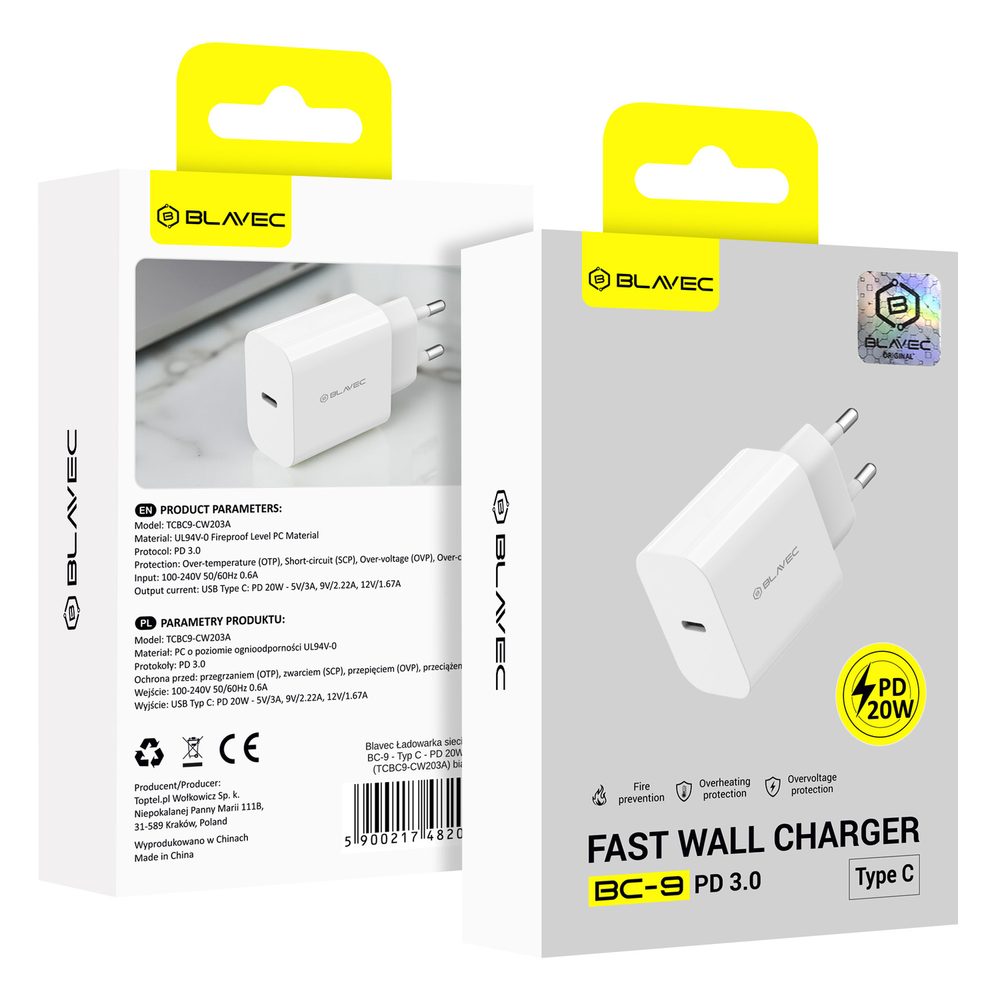 Blavec nabíjačka BC-9, PD 20W 3A, USB-C, biela