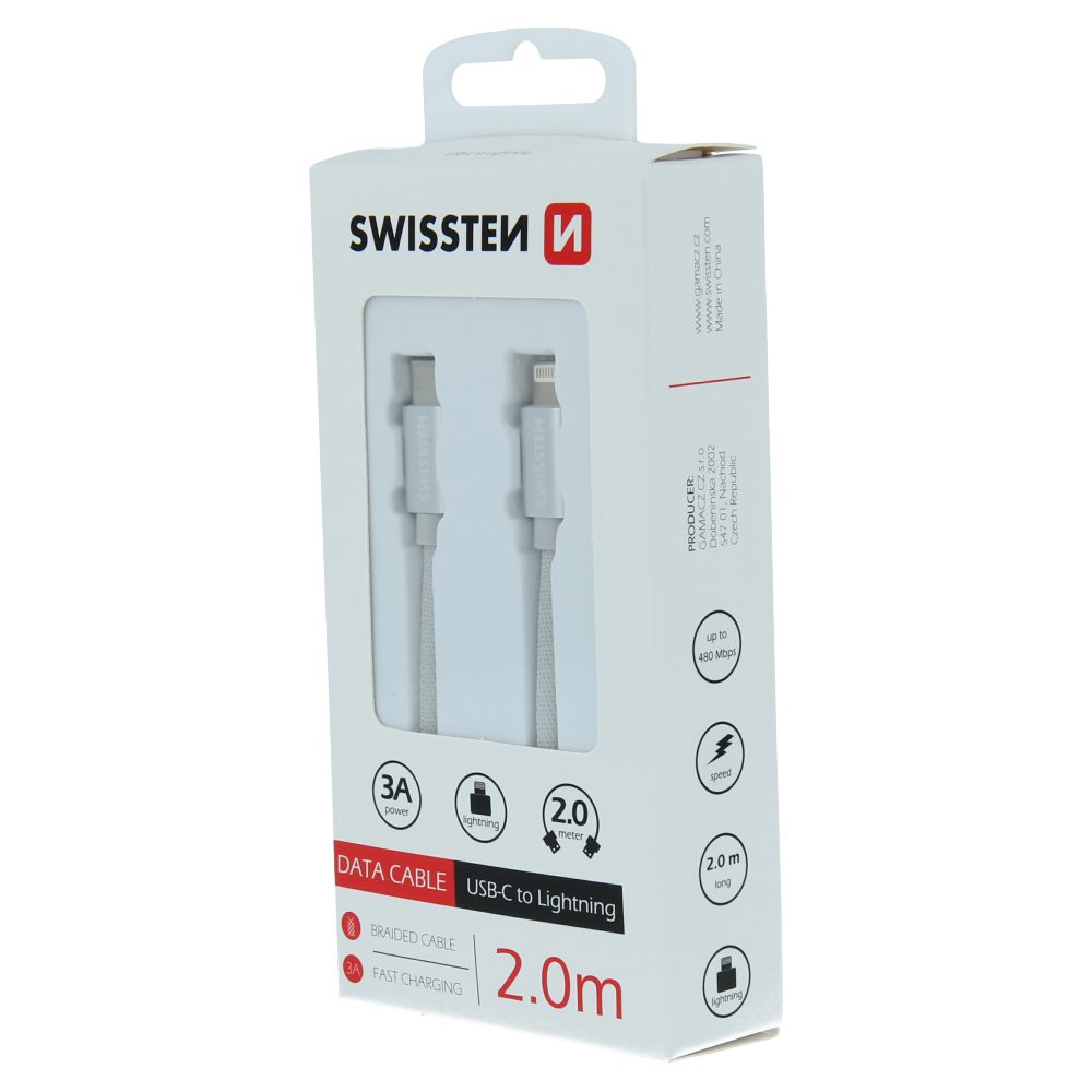 Cablu De Date Textil Swissten, USB-C / Lightning, 2m Argintiu