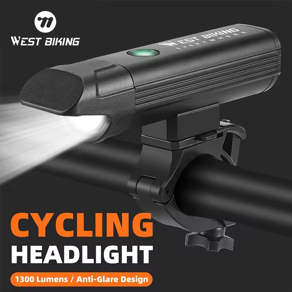 West Biking LED Vodotesné predné svetlo na bicykel 1300 lm, čierne