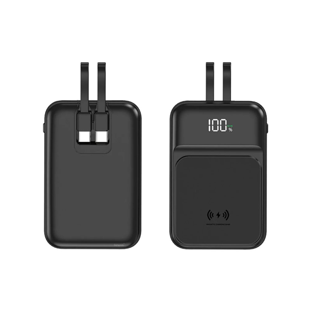 Baterie externă wireless cu 2 cabluri integrate, 10000mAh, USB-C + Lightning, 15W, neagră