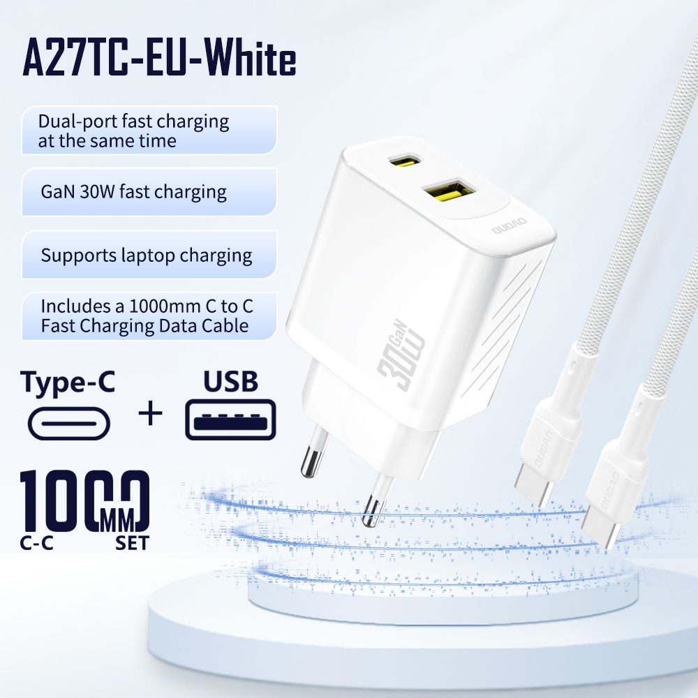 Dudao A27TCEU nabíjačka USB-A + USB-C s USB-C káblom, PD 30W GaN, biela