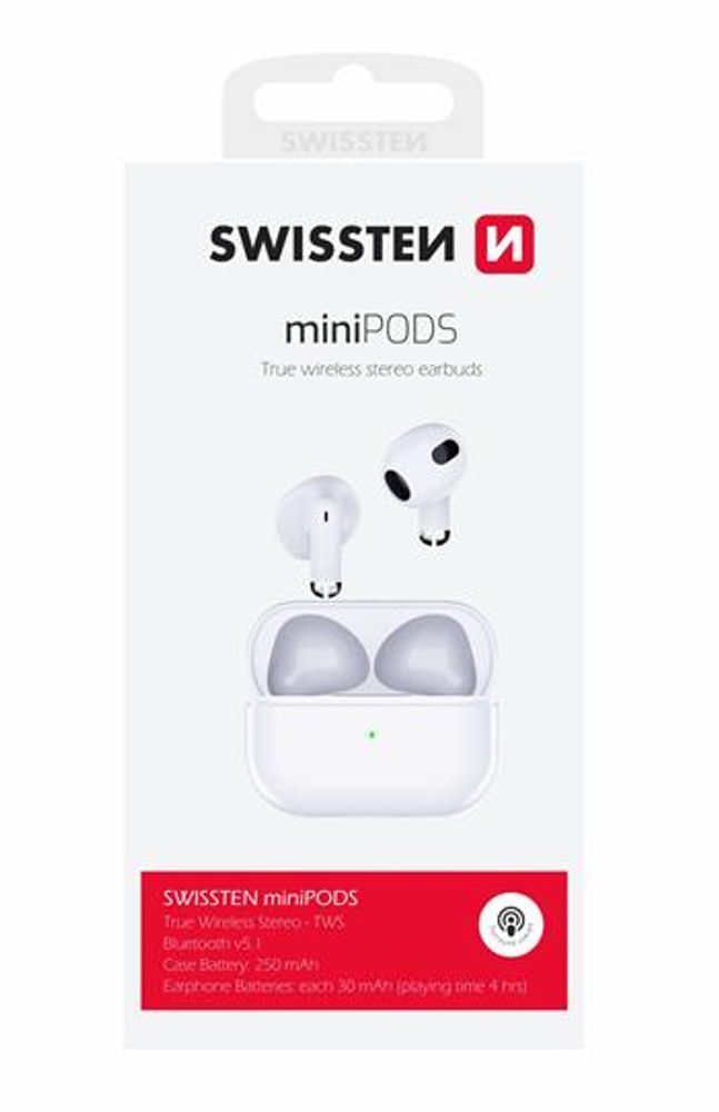 Swissten MiniPODS TWS Vezeték Nélküli Bluetooth Fejhallgató, Fehér