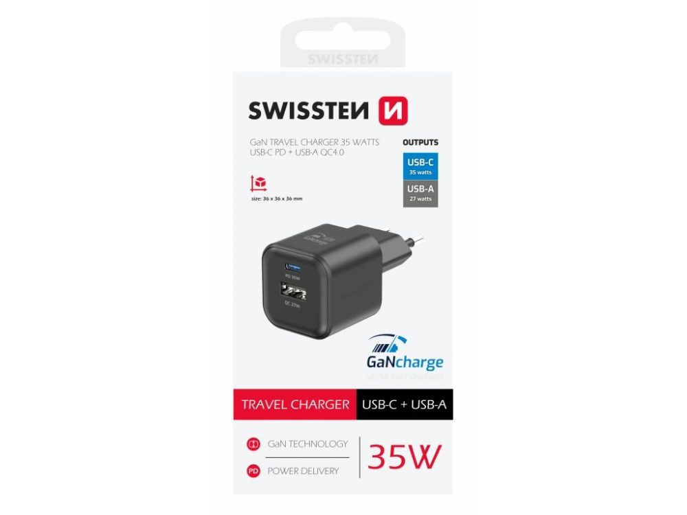 Swissten Sieťový adaptér GaN 1x USB-C 35W PD a 1x USB-A 27W QC, čierny