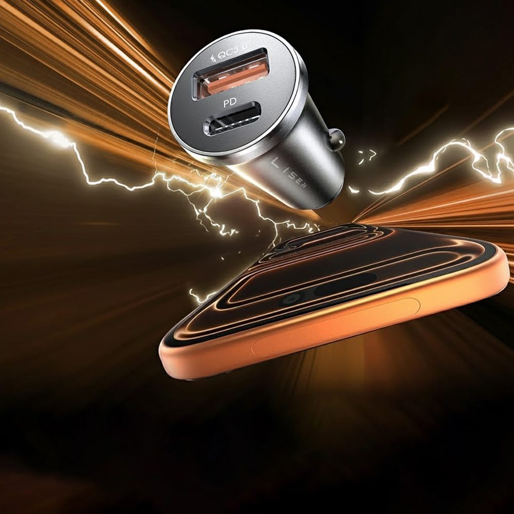 Lisen Autonabíjačka USB-A + USB-C s USB-C káblom, 12V–24V, čierna
