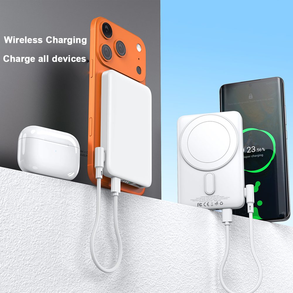 Ultra tenká MagSafe powerbanka s bezdrôtovým nabíjaním 20W, LED displej, 5000 mAh, oranžová