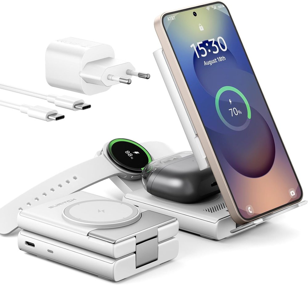 Levně Suritch 3v1 skládací bezdrátová nabíjecí stanice pro zařízení Samsung, bílá