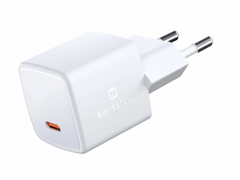 Swissten mini GaN USB-C 33W-os tápellátó adapter, fehér színben
