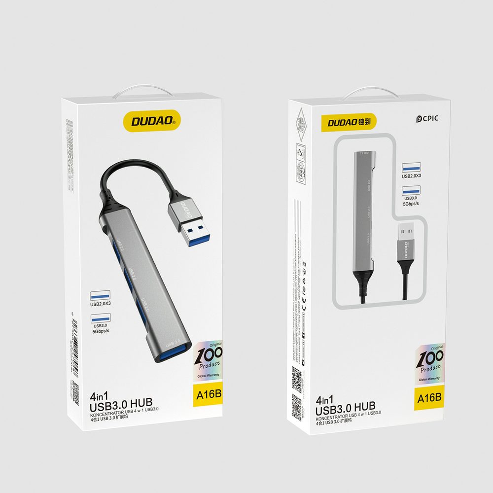 Dudao HUB A16B, 4in1, USB-A - 4x USB-A (3x USB2.0 / USB3.0), 6,3cm, Fekete