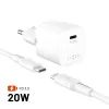 FIXED Mini hálózati töltő, USB-C, PD 20W USB-C - USB-C kábellel, 1,2 m, fehér