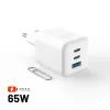 FIXED Mini GaN hálózati töltő, 2x USB-C + USB, PD 65W, fehér