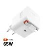 FIXED GaN hálózati töltő, 2x USB-C, PD 3.0, 65W önbehúzódó kábellel, fehér