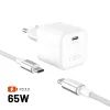 FIXED Mini GaN hálózati töltő, USB-C, PD 65W USB-C - USB-C kábellel, 2 m, fehér