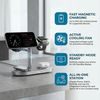 Qi2.2 MagSafe Nabíjecí stanice 5v1 s aktivním chlazením, 25 W a 360° rotací pro iPhone, Apple Watch, AirPods, Android, stříbrná