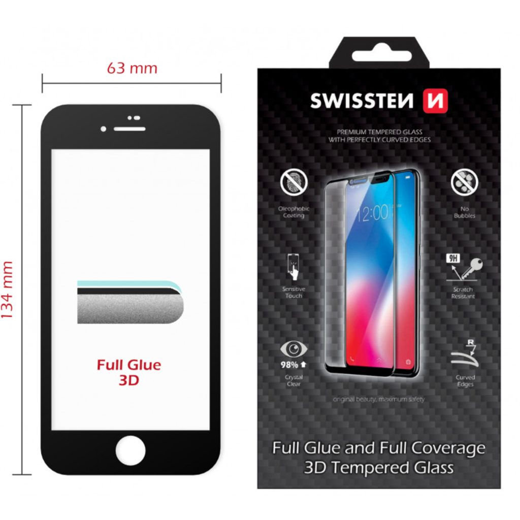 Swissten Ultra durable 3D Full Glue Folie de sticlă securizată protectoare,  Apple iPhone 7 / 8, neagră | Momanio.ro