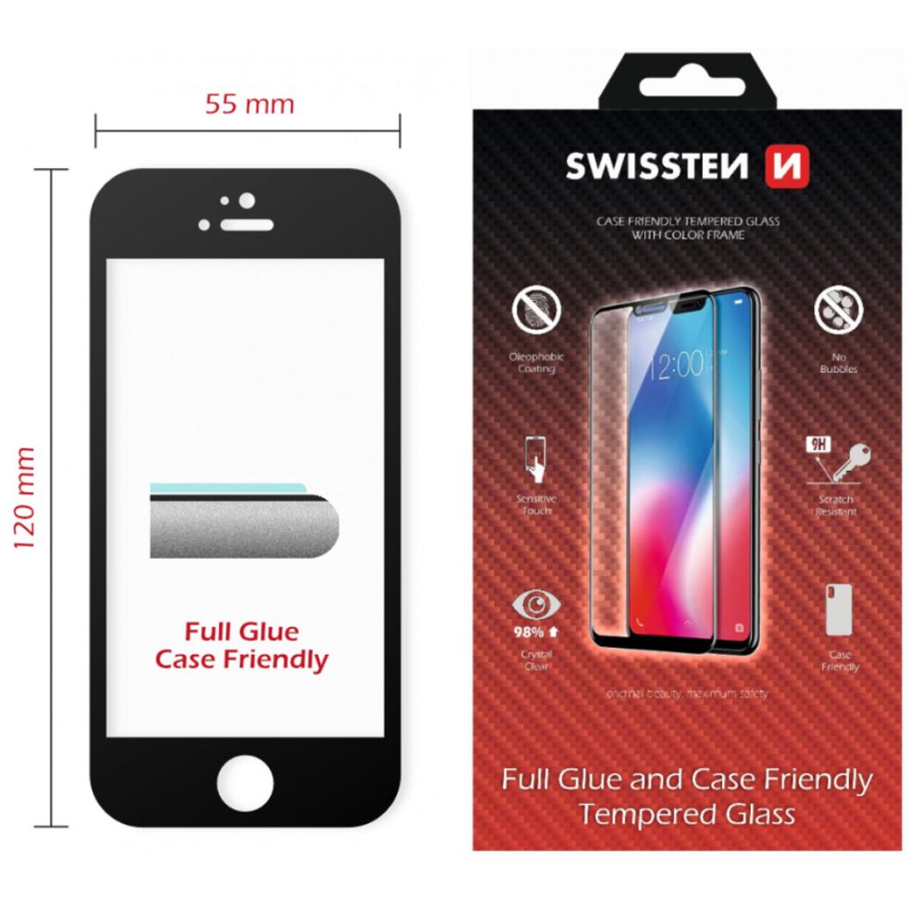 Swissten Full Glue, Color frame, Case friendly, Ochranné tvrzené sklo,  Apple iPhone 5 / SE, černé | Tvrzenaskla.eu