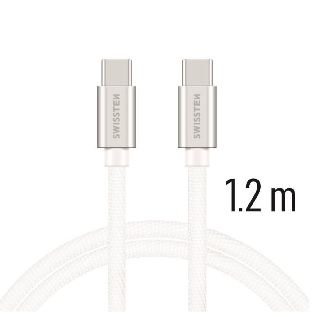 Swissten datový kabel textil, USB-C / USB-C, 1,2m, stříbrný | Tvrzenaskla.eu