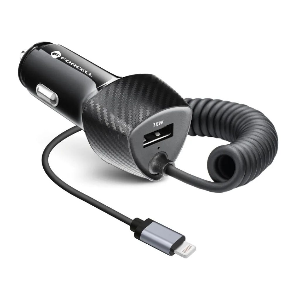Forcell Carbon USB QC 3.0 18W polnilec za avto s kablom Lightning, PD20W  CC50-1AL, črn | Momanio.si